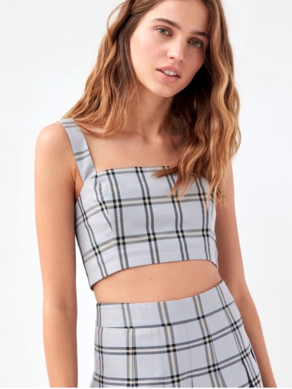 NEW Sunday Best Jazdia Plaid Grey Crop Top Cropped Tank Smocked Tartan NWOT
